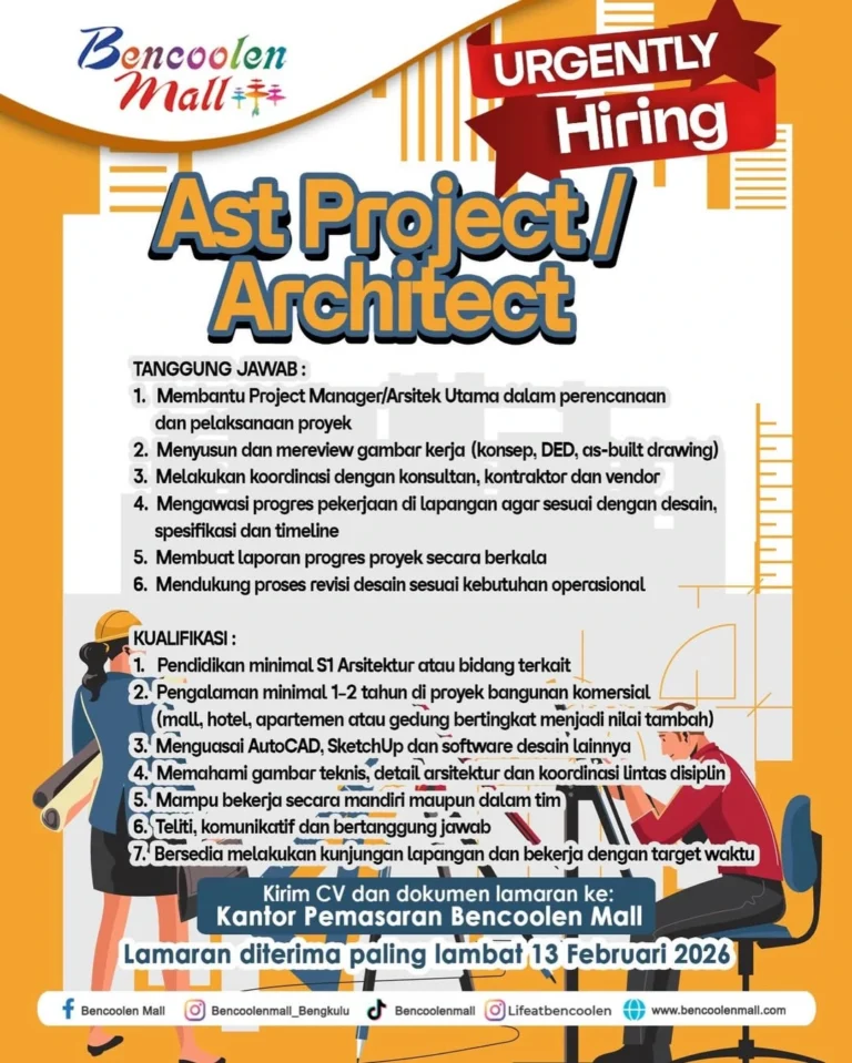 Lowongan Kerja Terbaru : Assistant Project Architect di Bengkulu!
